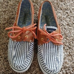 Womens nautical Sperrys with coral accent